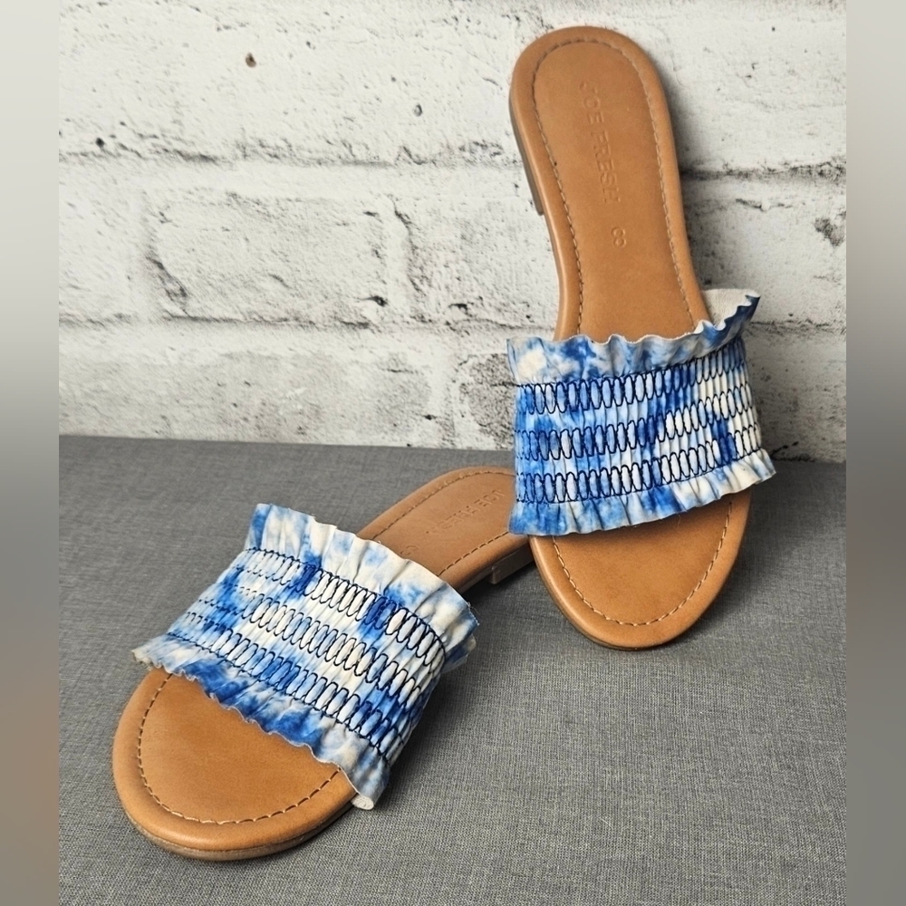 Joe Fresh Blue White Tie Dye Slide Sandals Smocked Strap Size 8